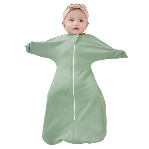 ZIGJOY Shark-Fin Transition Swaddle - 1.0 Tog Baby Sleep Sack 3-6 Months Soft Cotton Transitional Swaddle Baby Wearable Blanket with 2-Way Zipper, Classic Green