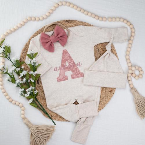 Personalized baby girl Oatmeal and Mauve romper and headband, Pink Newborn outfit, Embroidered girl coming home outfit, baby shower gift