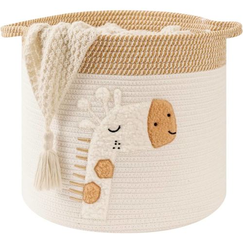 Large Blanket Baskets for Living Room Decor, Toy Storage Baskets Woven Cotton Rope Storage Basket for Kids, Dog Toys Organizer Clothes Hamper with Embroidery Decor for NurseryLaundry (Large, Giraffe)