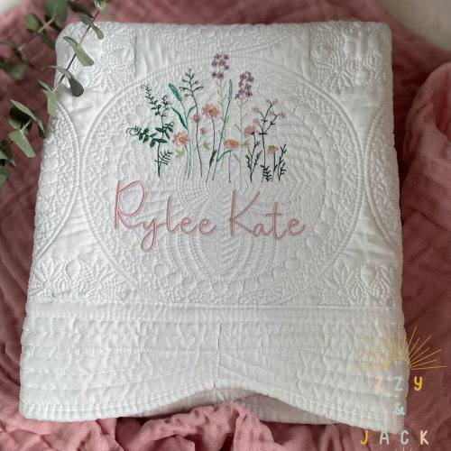 Embroidered Blanket Baby Quilt Nursery Embroider Wild Flower Baby Girl Blanket Custom Baby Quilt Keepsake Heirloom Baby Pregnant Mom Gift