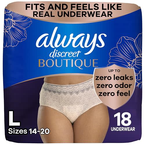 Always Discreet Boutique Adult Incontinence & Postpartum Underwear for Women, Maximum Protection, Peach, Large, 18 Count (Packaging May Vary)
