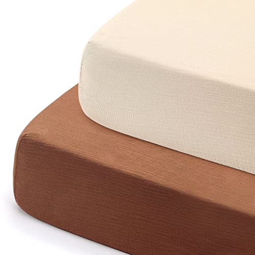 GRSSDER Soft Muslin Crib Sheet 2 Pack, 100% Cotton Crib Sheets for Boys and Girls, Fit Standard Crib Mattresses 52" x 28" Safe and Snug, Beige and Brown