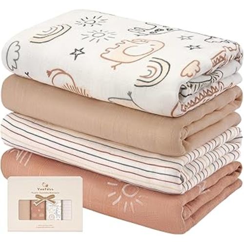 Yoofoss Muslin Swaddle Blankets, 4 Pack Receiving Blankets for Boys and Girls, 47 x 47 Inches Muslin Baby Blankets Soft Breathable - Brown Animals
