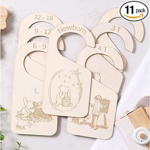 11pcs Winnie Wooden Baby Closet Dividers | Double-Sided Newborn to 4T Baby Clothes Dividers for Closet | Nursery Decor Hanger Size Organizer, Nursery Organization