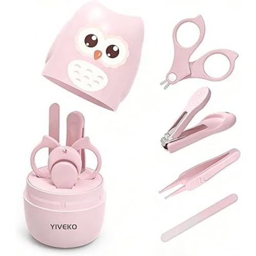 Baby Nail Kit, 4-in-1 Baby Nail Care Set with Cute Case, Baby Nail Clippers, Scissors, Nail File & Tweezers, Baby Manicure Kit and Pedicure kit for Newborn, Infant, Toddler, Kids-Owl Pink