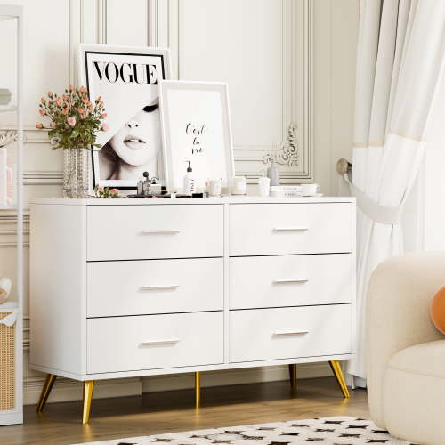 Walsunny 6 Drawer Wooden Dressers for Bedroom Adult with Metal Feet Handles Modern Chest of Dresser Organizer Wood Storage Cabinet White
