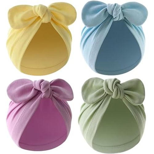 4PCS Newborn Baby Bow Knot Turban Hat Infant Toddler Hospital Hat Cotton Head Wrap Beanie Cap