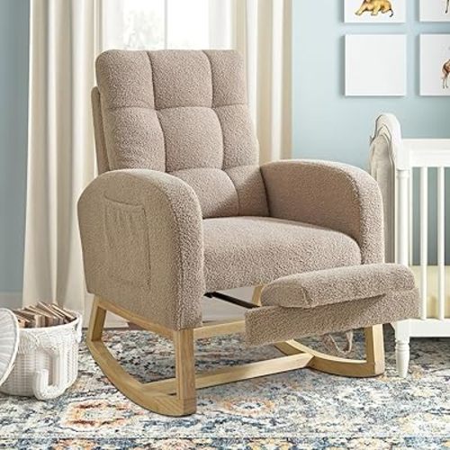 Nursery Rocking Chair with Retractable Foot Rest, Teddy Glider Rocking Chair, Mid Century Rocker Chair, High Back, Solid Wood Legs, Brown