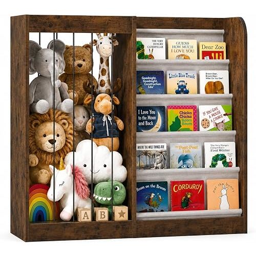 NACHES Kids Bookshelf & Stuffed Animal Net Holder 5 Tier Sling Bookshelf and Plush Toy Storage Organizer with Elastic Cord Montessori Toddler Bookcase for Kids Rooms Playroom Bedroom Nursery, Walnut