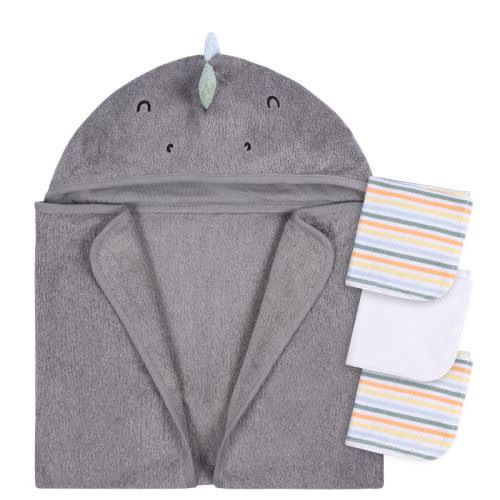 Gerber Baby Charcoal Dino Hooded Bath Towel & Washcloths, One Size Fits Most, 4-piece Set