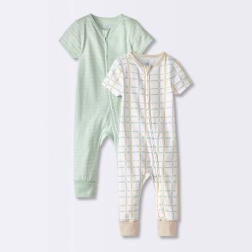 Baby 2pk Striped Grid Adjustable Cuff Romper - Cloud Island™ Mint Green Newborn: Cotton, Midweight, Zipper