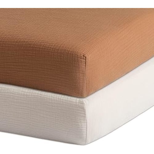 Meracorallo Muslin Fitted Crib Sheets, 2 Pack Soft Breathable Cotton Baby Crib Sheet, Neutral Crib Sheet for Baby Boys and Girls, Fits Standard Crib Mattress 28''x52'' (Camel & Fog)