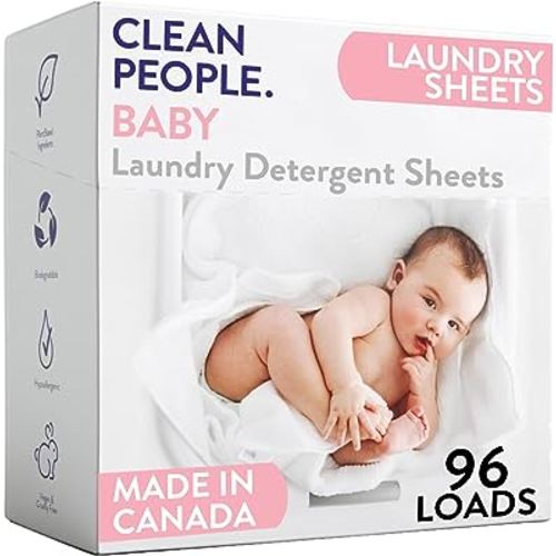 The Clean People Unscented Baby Laundry Detergent Sheets - Hypoallergenic - Ultra Concentrated, Recyclable Packaging, Fights Stains & Odors on Baby Clothes & Bedding - Fragrance Free, 96 Pack