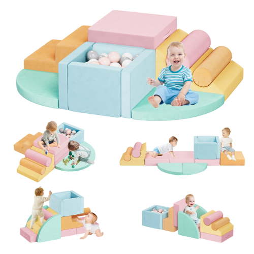 Advwin 12 Pcs Foam Climbing Blocks Set with Ball Pit for Toddlers, Soft Indoor Baby Playset for Crawling and Active Play, Multi Colors
