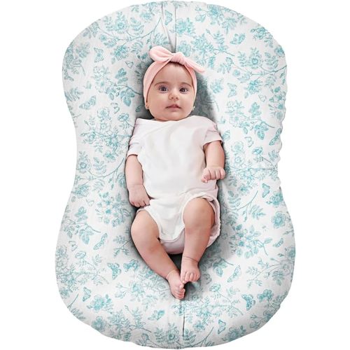 FUNUPUP Muslin Baby Lounger Cover Compatible with Snuggle Me Lounger, Infant Lounger Pillow Cover for Newborn, Removable Newborn Lounger Cover for Boys and Girls, Blue Flower