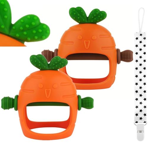 Fu Store 2 Pack Baby Teething Toy for 0-6 6-12 12-36 Months Food Grade Silicone Carrot Teething Mitten Anti Dropping Wrist Hand Teethers Baby Chew Easter Toys for Sucking Needs BPA Free