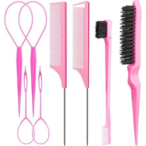 Aigee 8Pcs Hair Styling Combs Set Include 4Pcs Topsy Hair Tail Tools 2 Styles of Rat Tail Comb,1Pcs Bristle Teasing Slick Back hair Brush,1Pcs Edge Control Brush,Eyebrow Brush for Woman Girl Pink