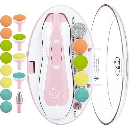 Royal Angels Upgraded 21 in 1 Baby Nail Trimmer with Labeled Case, 13 Extra Replacement Pads, Safe Electric Baby Nail File Kit for Newborns & Toddlers, Whisper Quiet Nail Clipper with LED Light (Pink)