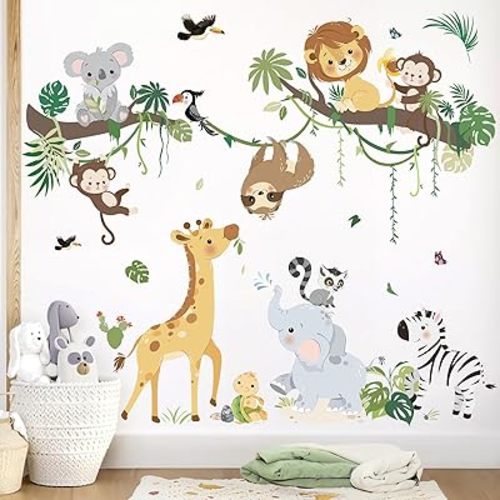 decalmile Jungle Animals Tree Branch Wall Decals Safari Monkey Giraffe Lion Wall Stickers Baby Nursery Kids Room Daycare Wall Decor