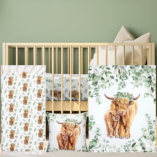 Baby Highland Cow Crib Bedding Set 3 Pcs Eucalyptus Leaf Highland Cow Baby Blanket, Sheet, Pillowcase Soft Flannel Nursery Bedding for Standard Crib and Toddler Mattress Newborns Gifts