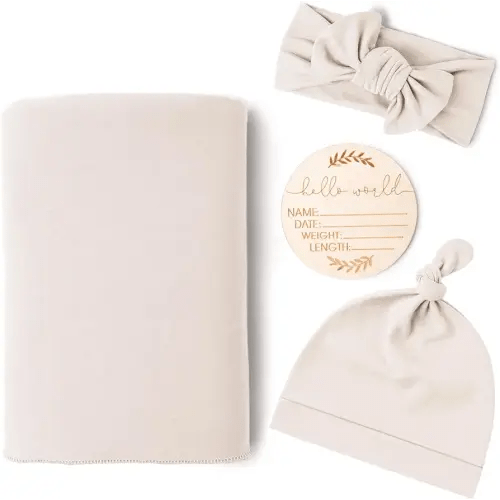 Konssy Baby Girl Newborn Receiving Blanket with Matching Headband and Beanie Set Baby Swaddle Nursery Swaddle Wrap(Beige)
