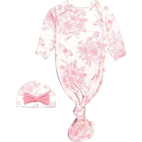RuffleButts Butterfly Garden Toile Ruffle Knotted Sleep Gown & Hat Set - Newborn-3m