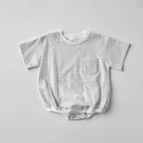 Cory Pocket Romper in Thin Grey Stripes