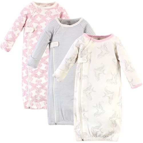 Touched by Nature Baby Girl Organic Cotton Zipper Long-Sleeve Gowns 3pk, Pink Bird, Preemie