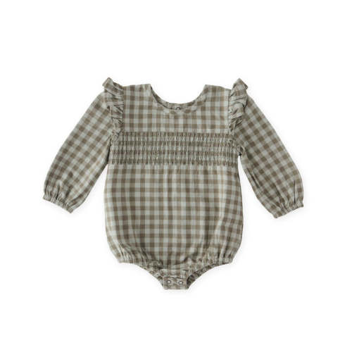 Flannel Long Sleeve Smocked One-Piece - Sage/Light Sage