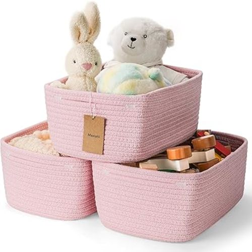 Shelf Baskets for Organizing | Storage Basket for Shelves | Small Woven Baskets | Rope Toy Basket | Closet Organizer Bins | Cube Decorative Box | 11.5×7.5×4.7” | 3 Pcs Mixed Pink