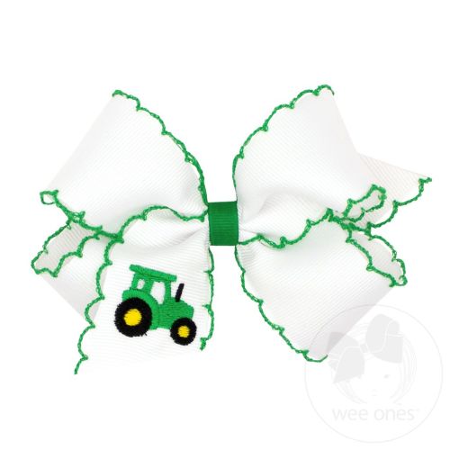 Medium Grosgrain Hair Bow with Moonstitch Edge and Tractor Embroidery - WHT W/ GRN | Wee Ones Hair Bows & Accessories