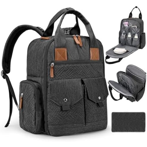 Diaper Bag Backpack - Large Diaper Bag with Portable Changing Pad as Baby Shower Gifts, Lightweight Waterproof Unisex Travel Baby Bag with 4 Insulated Pockets and Stroller Buckles, Black