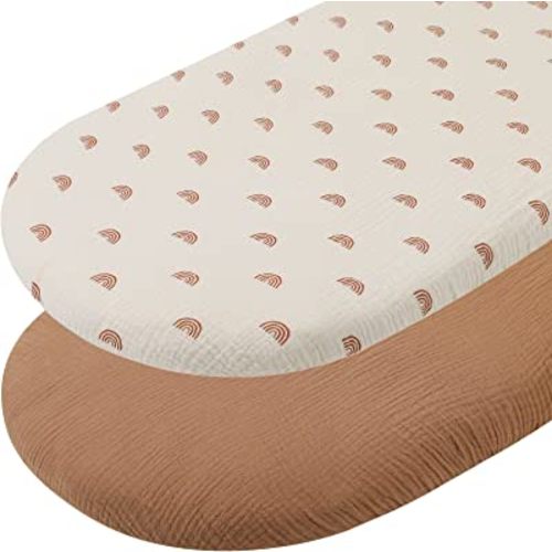 Muslin Bassinet Sheets 2 Pack Set for Baby Boy and Girl, 100% Muslin Cotton Fitted Sheet for Oval Hourglass and Rectangular Bassinet Mattress, Natural and Rainbow