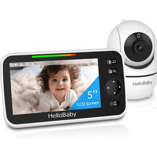 HelloBaby Upgrade Monitor, 5''Sreen with 30-Hour Battery, Pan-Tilt-Zoom Video Baby Monitor with Camera and Audio, Night Vision, VOX, 2-Way Talk, 8 Lullabies and 1000ft Range No WiFi, Ideal Gifts