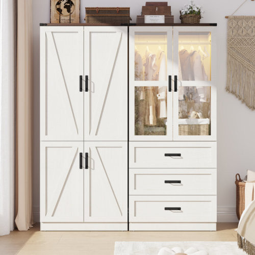 Gracie Oaks 74.8"H 4 Door Wardrobe Armoire Closet With LED Lights, Rustic Farmhouse Wardrobe Cabinet With Hanging Rod & Adjustable Shelves For Bedroom | Wayfair