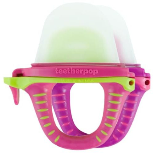 Teetherpop - Fillable Silicone Teether for Breastmilk, Water, Purees & More, Baby Popsicle Teethers for Freezing Milk & Cooling Teething Relief (PinkLimon/Fuchsia)