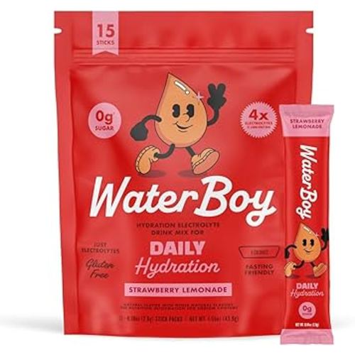 Waterboy Daily Hydration | 1,570mg Electrolyte Powder Packets | No Sugar, All Natural, Gluten Free, Zero Calories | 15 Drink Stick Mixes (Strawberry Lemonade)