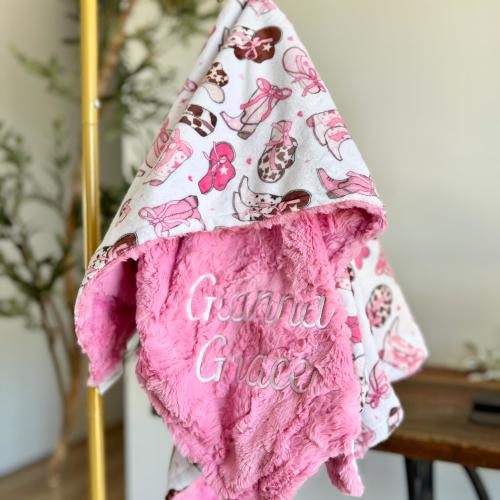 Personalized Pink Baby Blanket, Fancy Boots and You Choose Minky Color, Newborn Girl, Baby Girl Shower Gift, Western Baby Shower, Cowgirl