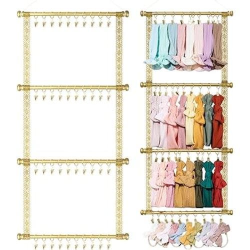 CN Headband Organizer Holder for Baby Girls, Bow Holder for Girls Hair bows,Hair Accessories Hanger Boho Ribbon Storage with 40 Gold Clips for Nursery Hanging Room Decor For Wall (Gold)
