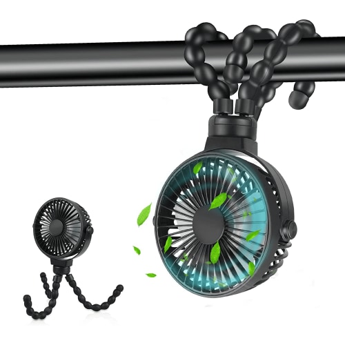 Portable Stroller Fan, 360°Rotate Rechargeable Small Clip on Fan with Flexible Tripod for Stroller Treadmill Crib Car Seat Travel, Black