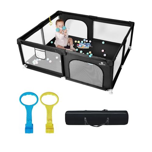 Dearlomum Baby Playpen with Non Removable Mat, Extra Large Play Yard for Babies & Toddlers, Portable Travel Playpen, Baby Activity Center for Indoor & Outdoor Use (Black 59"×71")
