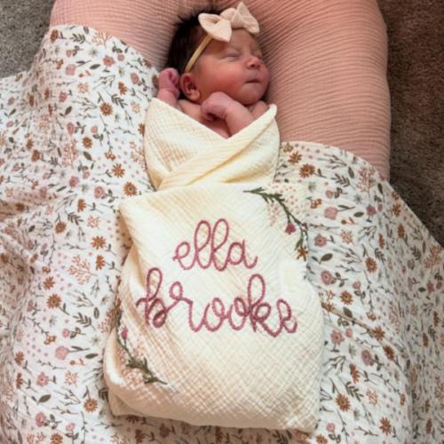 Personalized Hand Embroidered Baby Swaddle Blanket with Name and Floral Spray - Cotton Muslin