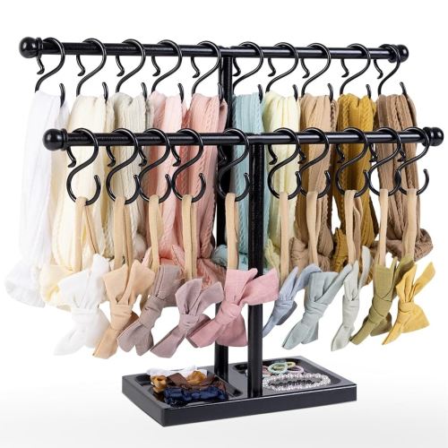 POVETIRE Headband Holder Stand Storage for Baby, 2 Tier Wooden Bow Organizer for Girls Hair Bows, Infant Hair Accessories Rack Display for Nursery Decor