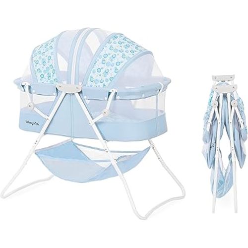 Dream On Me Karley Bassinet in Light Blue, Lightweight Portable Baby Bassinet, Quick Fold and Easy to Carry, Adjustable Double Canopy, Indoor and Outdoor Bassinet with Large Storage Basket.