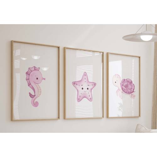 Pink Under The Sea Watercolor Prints, Set of 3 Nursery Wall Art, Girl Room Decor, Starfish,turtle,seahorse, Set of 3 Art Prints,Shipped,268