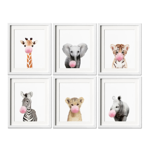 Safari Animals Blowing Bubble Gum Wall Art Set of 6