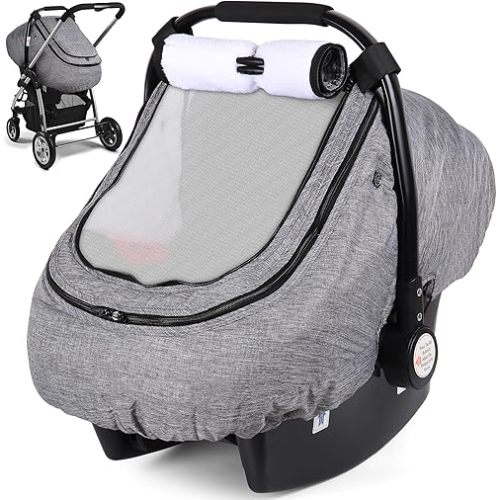 Rquite Car Seat Cover Baby, Winter Carseat Covers Baby Boy Girl, Waterproof Infant Car Seat Cover, Warm Cozy Baby Carrier Cover, Newborn Cold Weather Shield Car Seat Canopy with 2 Layers Window, Grey