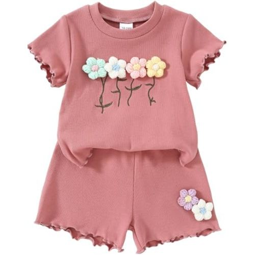 Yvowming Toddler Baby Girl Clothes Outfits,Summer Ruffle Ribbed Flower T Shirt Shorts Set Clothes for Girls