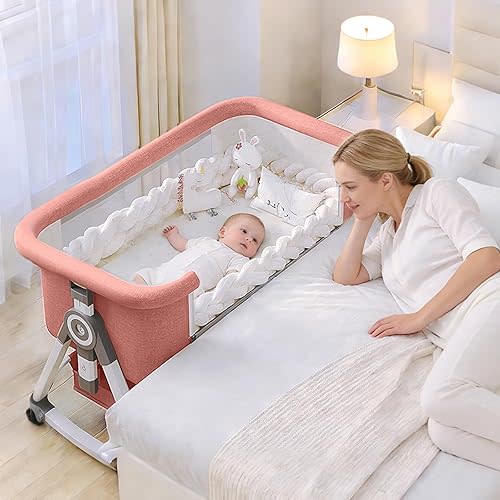 Baby Bassinet,3 in 1 Baby Bassinets Bedside Sleeper with Wheels and Mosquito Net,Bedside Bassinet for Baby with Comfy Mattress, Mattress&Breathable Mesh,Storage Basket