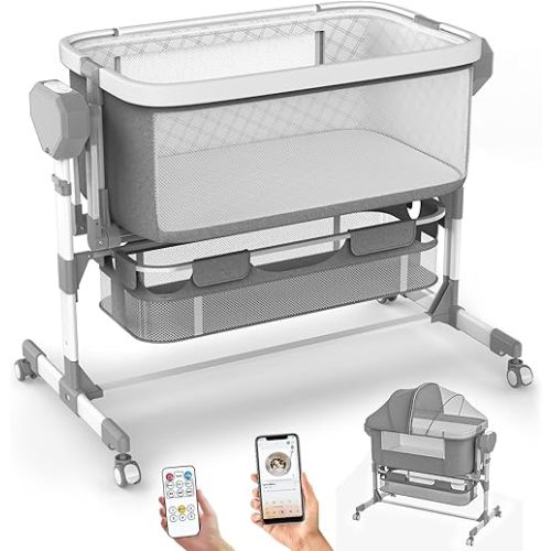 Rocking Bassinet for Baby, Electric Bassinet Automatic 5 Rocking Motion Bassinet Bedside Sleeper for Newborn, Auto Rolling Baby Cradle 6 Height Adjustable with 4 Lullabies, Wheels, Storage